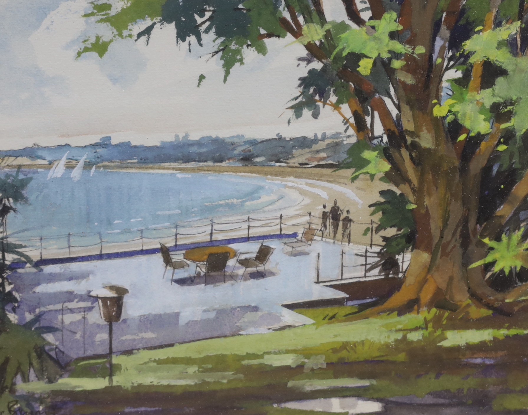 Bruce Bryant (New Zealand, fl.1962-1992), watercolour, 'Takapuna from the Mon Desir, New Zealand', signed, 25 x 34cm